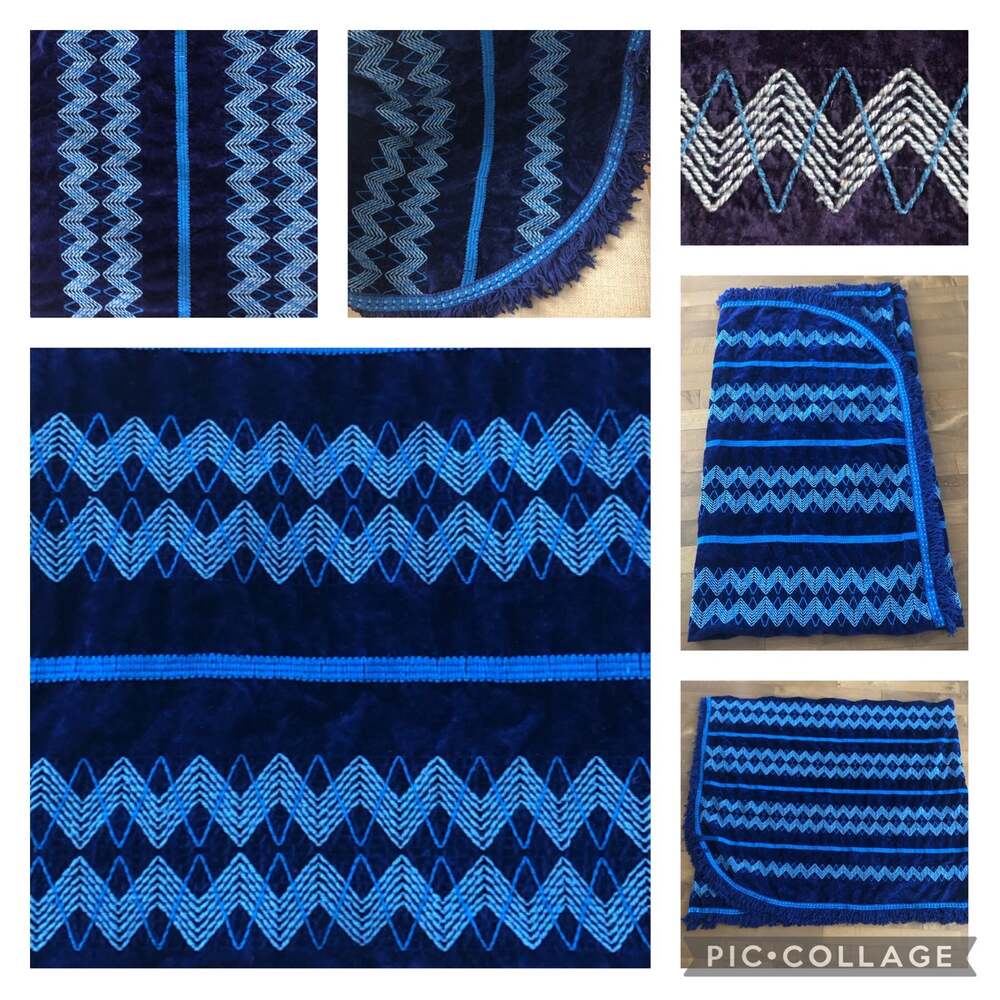 Unbranded 1970s Boho Velvet Bedspread 110x86 Blue Zigzag Fringe Blanket